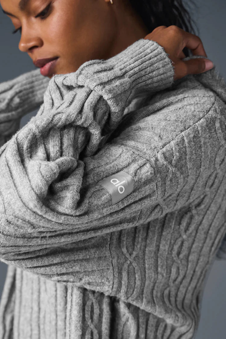 Alo Yoga Cable Knit Winter Bliss Hoodie-Athletic Heather Grey