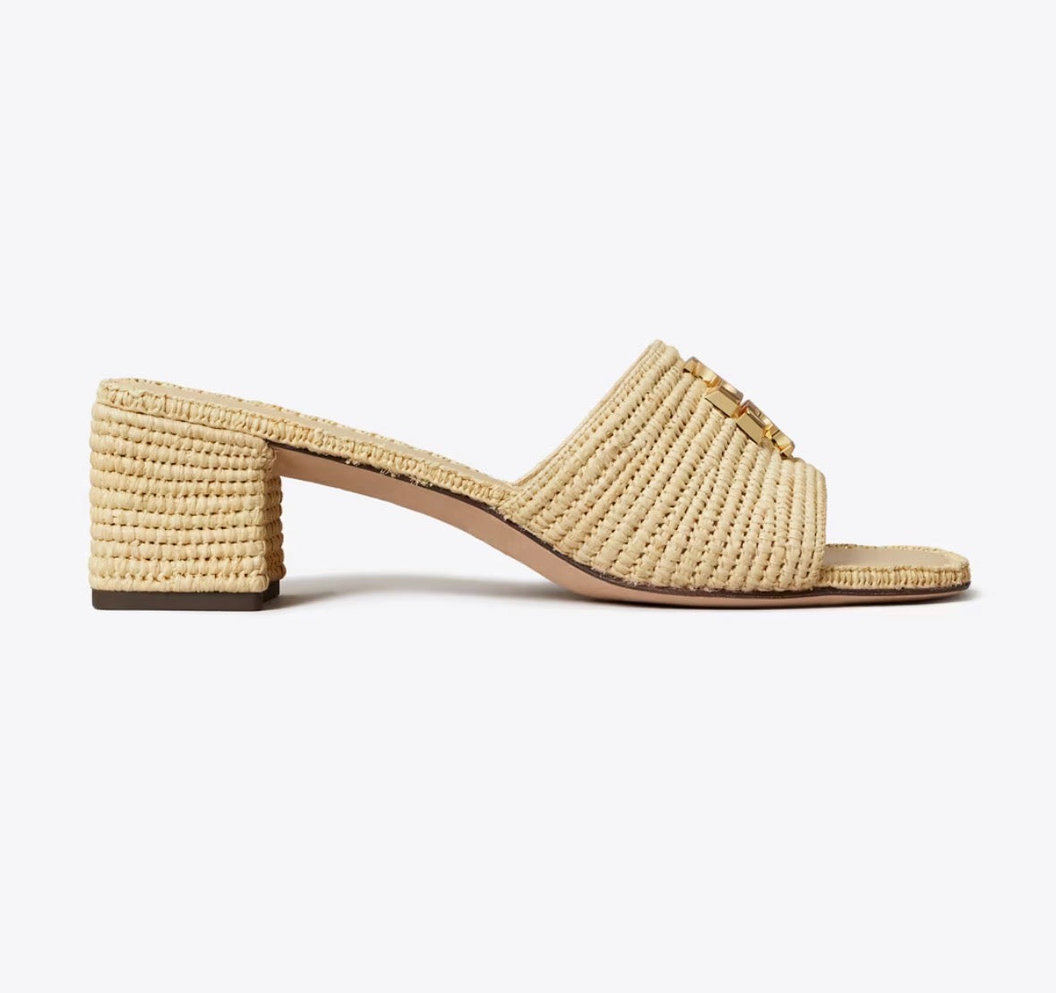 TORY BURCH ELEANOR RAFFIA HEELED SANDAL  -  natural / gold