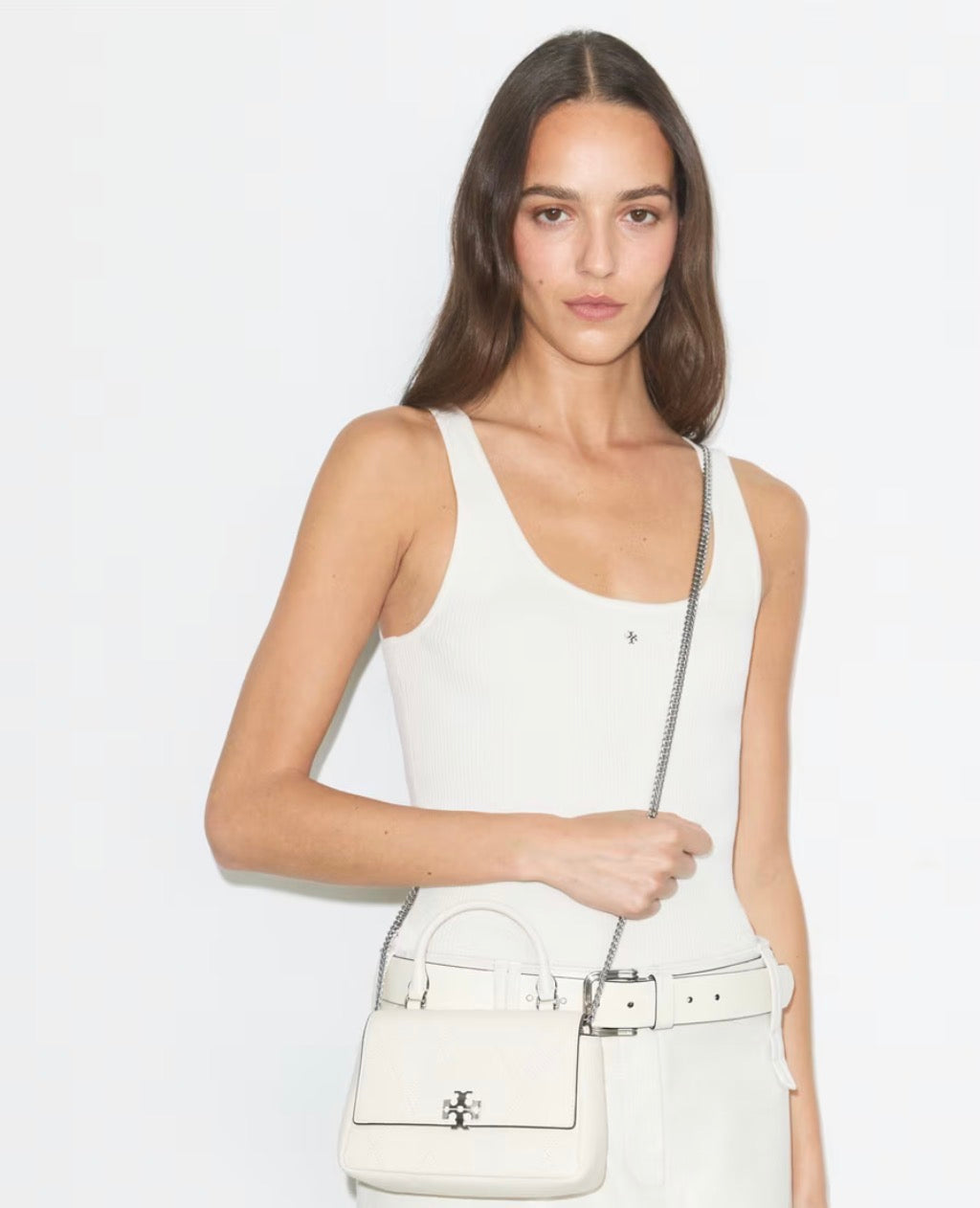TORY BURCH MINI CHARLIE QUILTED TOP-HANDLE CROSSBODY - light cream