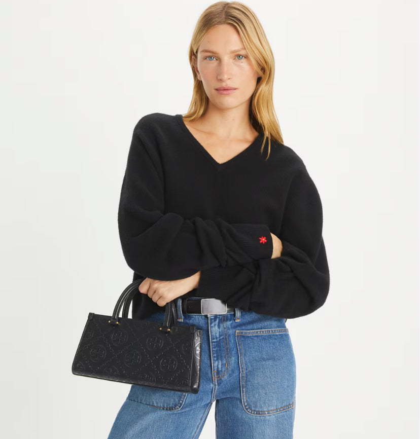 TORY BURCH T MONOGRAM EMBOSSED SMALL EAST-WEST TOTE - BLACK