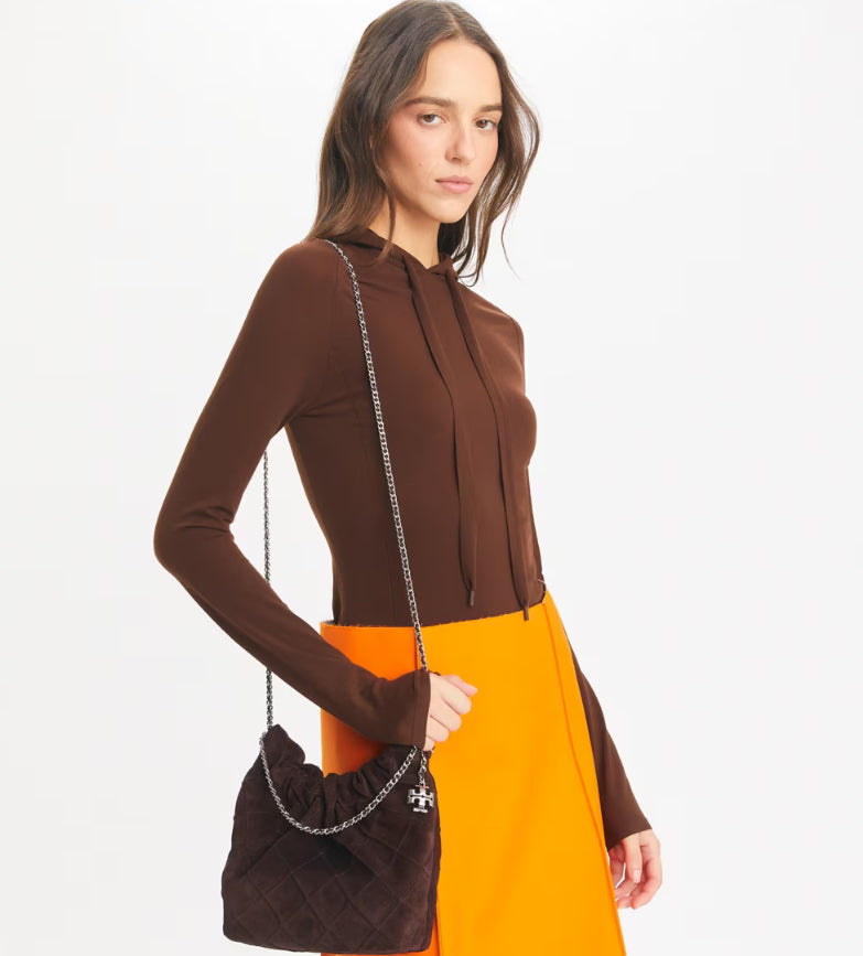 TORY BURCH MINI FLEMING SOFT SUEDE HOBO LICORICE BAG - SEZON