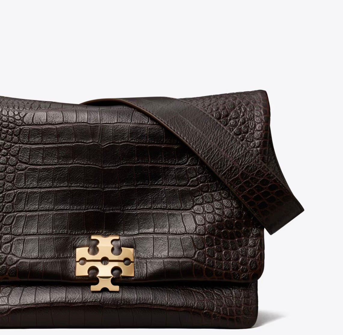 TORY BURCH LARGE CHARLIE RUNWAY CROC-EMBOSSED SHOULDER BAG - dark brown