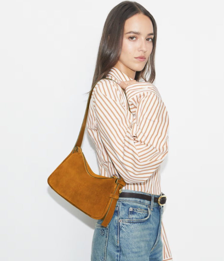 TORY BURCH SMALL ROMY SUEDE SHOULDER BAG - tiramisu