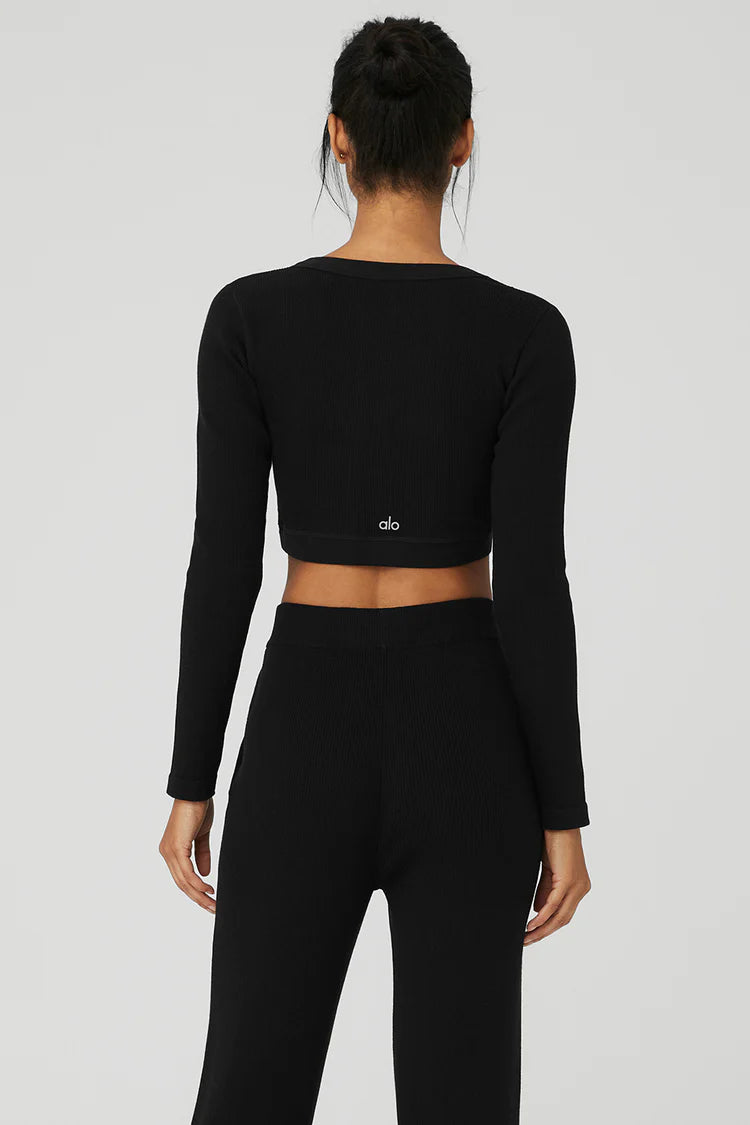 Alo Yoga Seamless Ribbed Cropped Serene Long Sleeve  -  Black