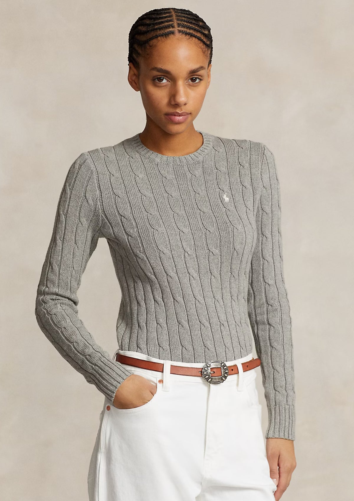 Ralph Lauren Women Cable-Knit Cotton Crewneck Sweater Grey- Hemen Teslimde