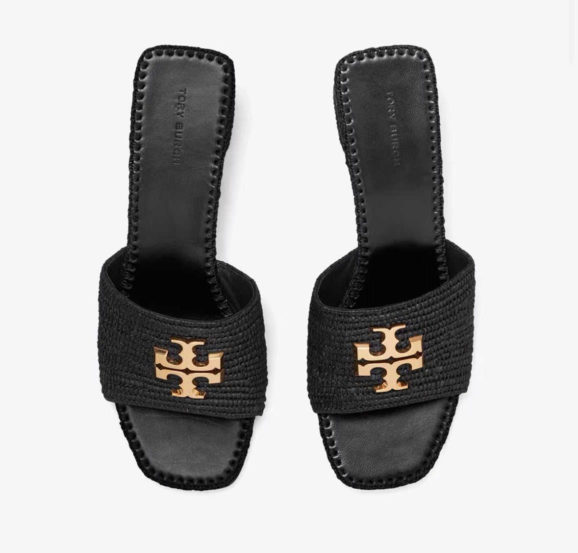 TORY BURCH ELEANOR RAFFIA HEELED SANDAL  -  black / gold
