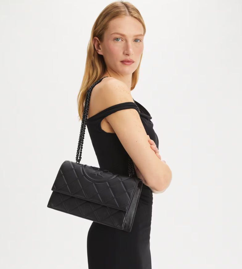 TORY BURCH FLEMING POLISHED-GRAIN CONVERTIBLE SHOULDER BLACK BAG