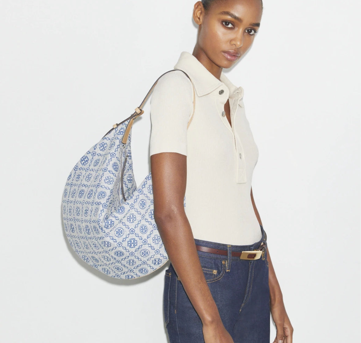 TORY BURCH T MONOGRAM DENIM BALLOON BAG-Color Powder Blue