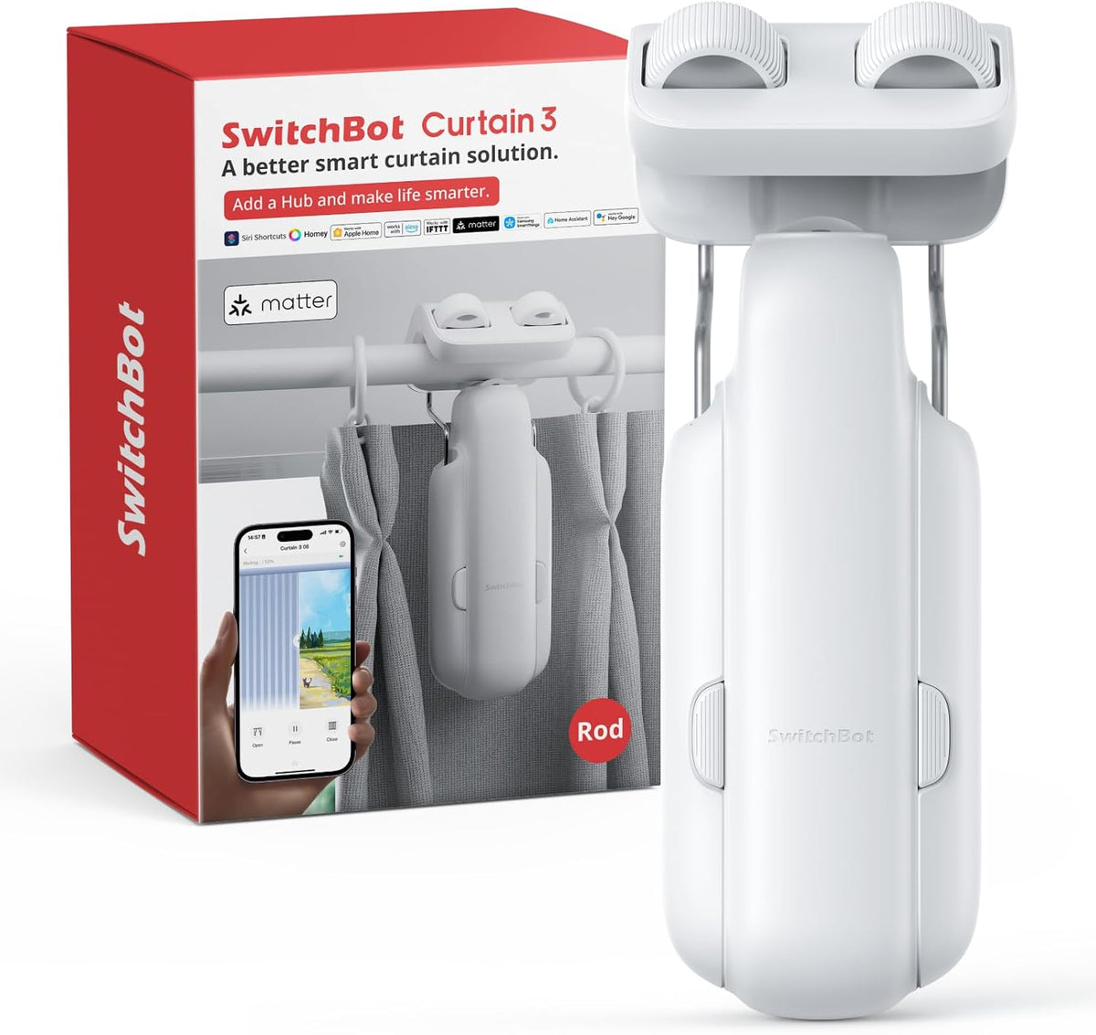 SwitchBot 2025 Otomatik Perde Açıcı (Çubuklu Perde Rayı Uyumlu) – Bluetooth Kumandalı, Wi-Fi ve Mobil Uygulama Kontrollü, Hub ile Alexa, Google Home ve Apple HomeKit Desteği
