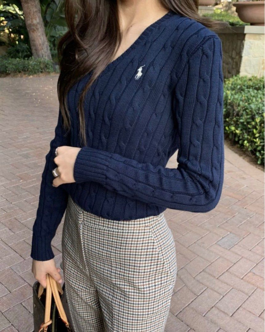 Ralph Lauren Cable-Knit Cotton V-Neck Sweater Navy- OUTLET