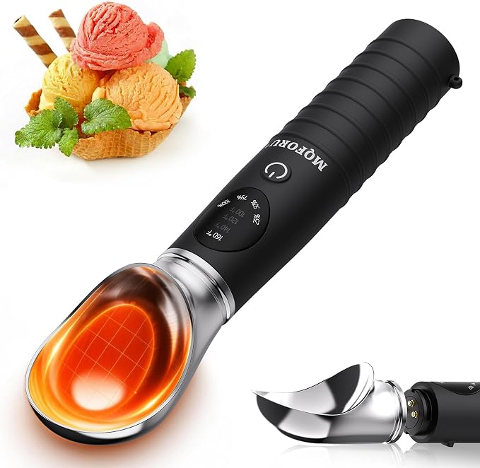 MQFORU Heated Ice Cream Scoop, Removable Head & Dishwasher Safe, Rechargeable, LED Display for Battery&4 Temps (100-160°F), Non-Slip & IP67 Waterproof, 3-Min Auto Off for Hard Ice Cream, Sorbet(Black)