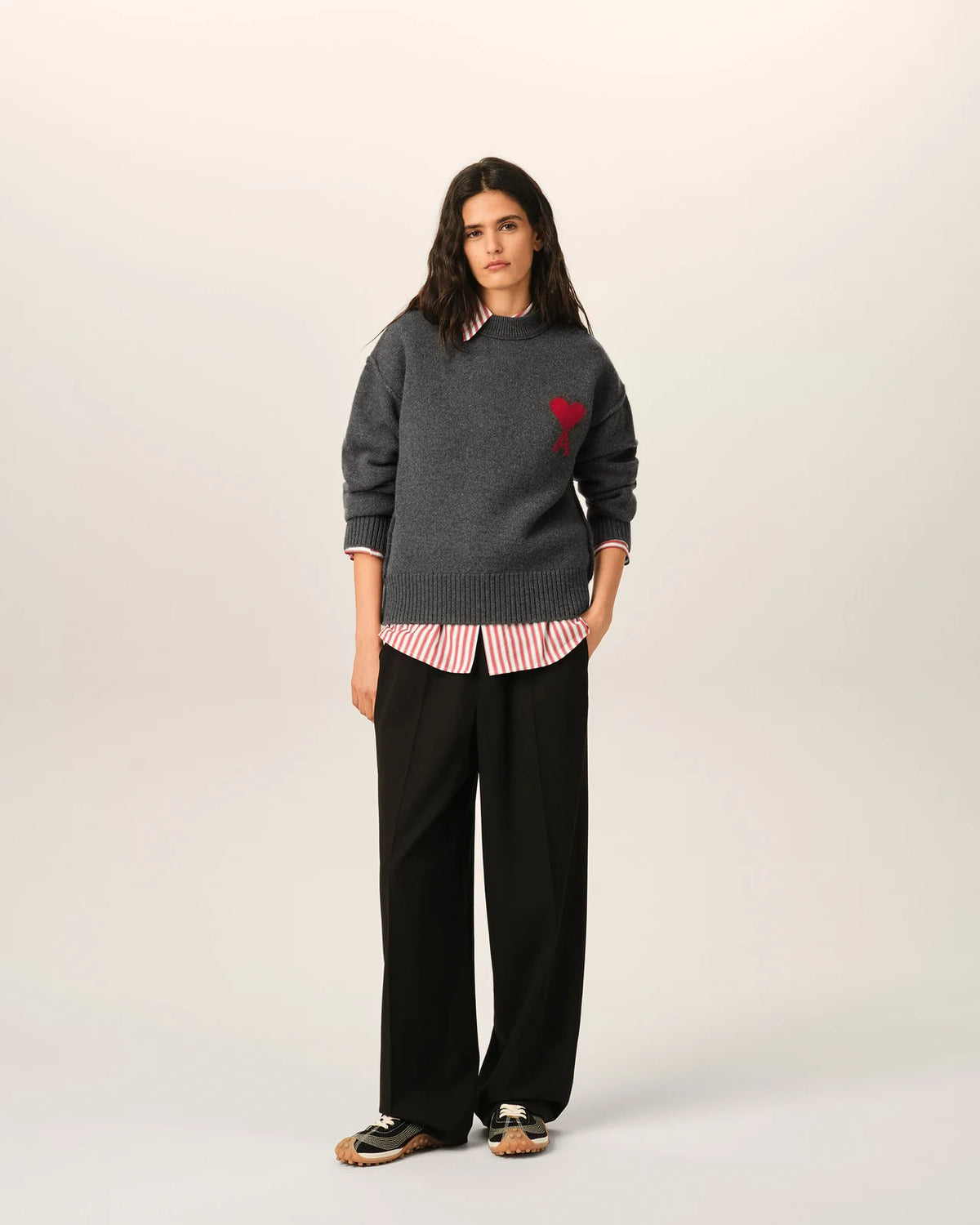 Ami Paris Unisex GREY CREWNECK WOOL SWEATER WITH AMI DE COEUR Sweater in felt - HEATHER GREY/RED