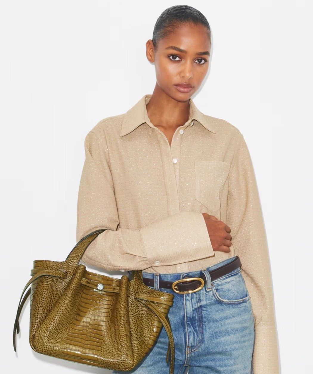 TORY BURCH SMALL ROMY CROC-EMBOSSED TOTE  - shroom