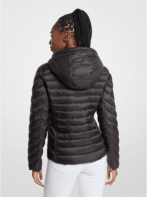 Michael Kors Chevron Logo Print Quilted Nylon Reversible Jacket - BLACK/BROWN LOGO