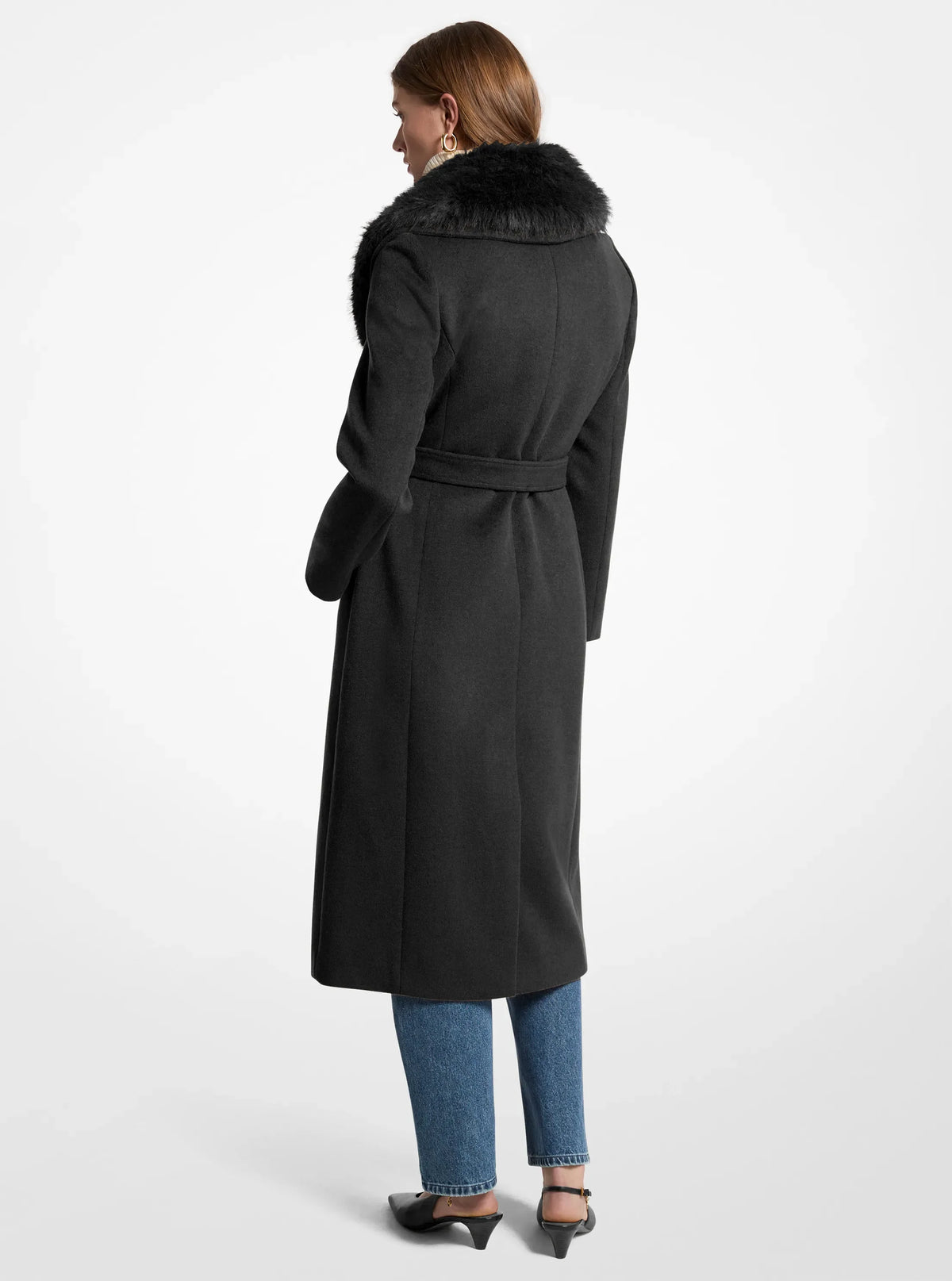 Michael Kors Faux Fur Trim Wool Blend Coat-BLACK