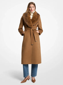 Michael Kors Faux Fur Trim Wool Blend Coat-DARK CAMEL