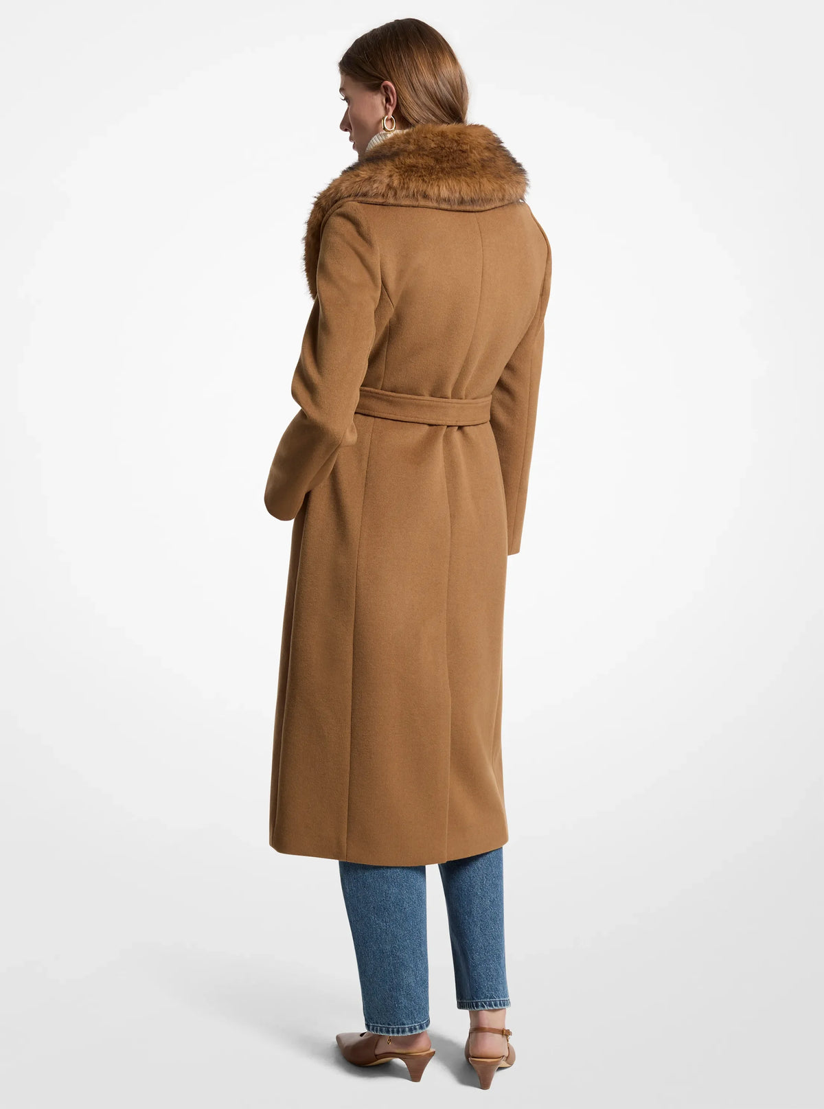 Michael Kors Faux Fur Trim Wool Blend Coat-DARK CAMEL