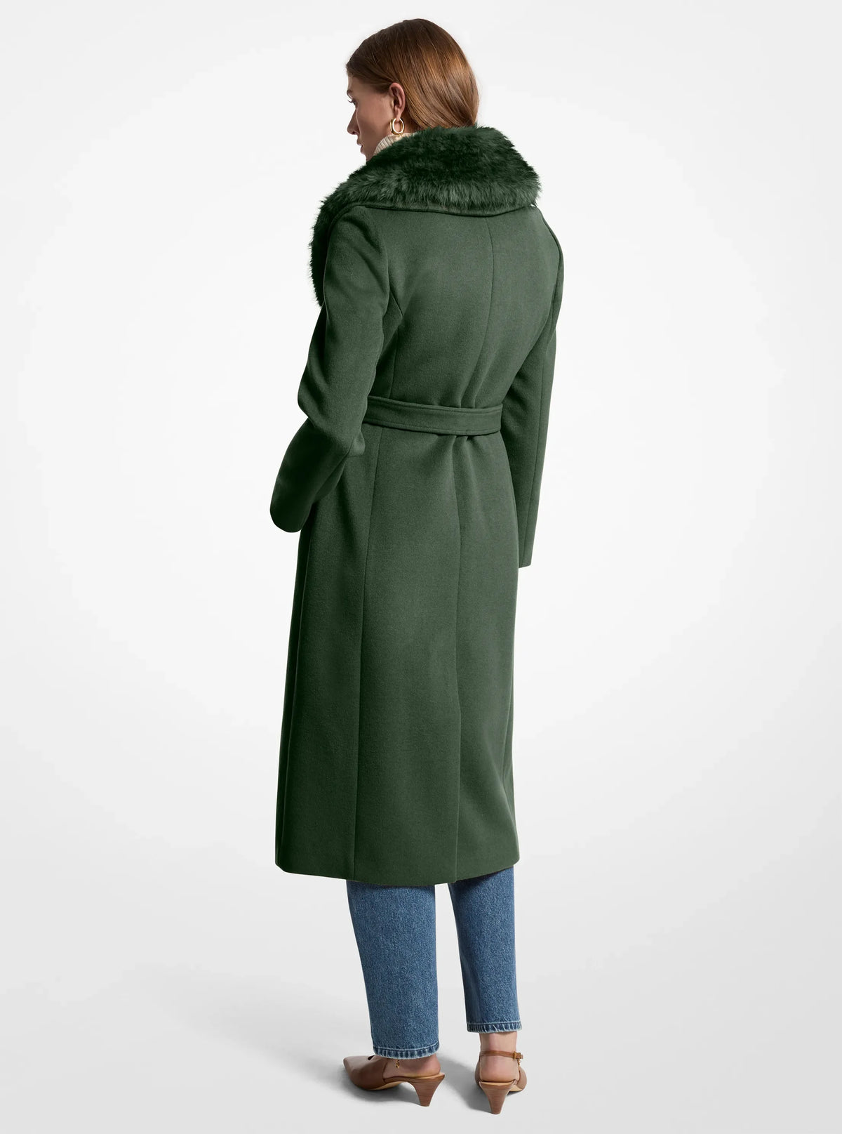 Michael Kors Faux Fur Trim Wool Blend Coat-DARK MOSS