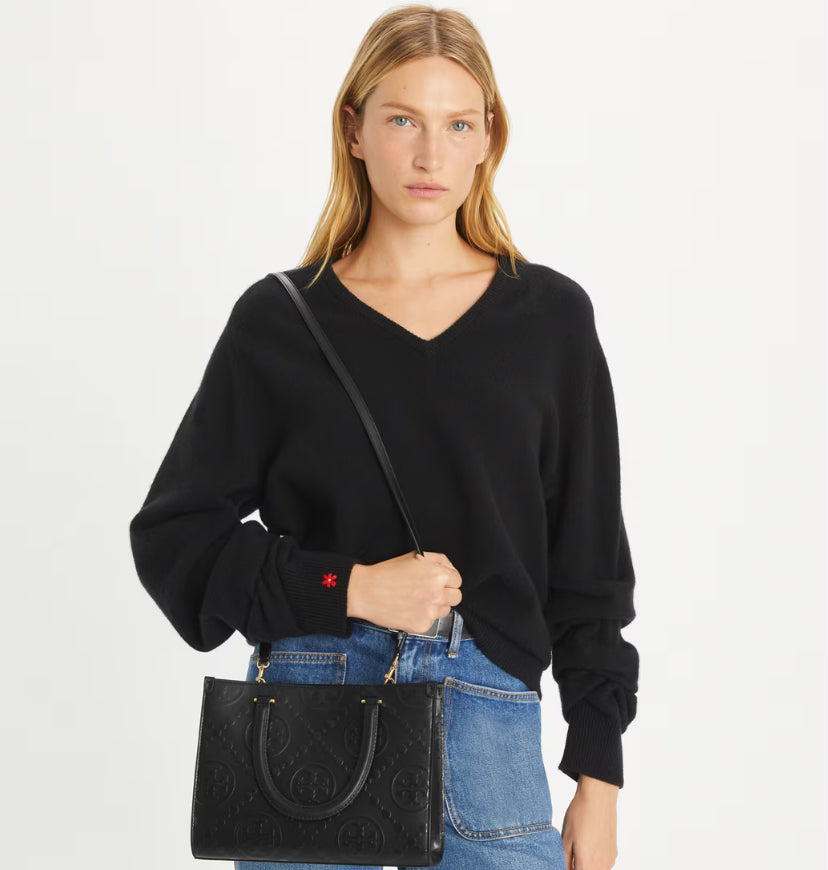 TORY BURCH T MONOGRAM TOP-HANDLE EMBOSSED TOTE - BLACK