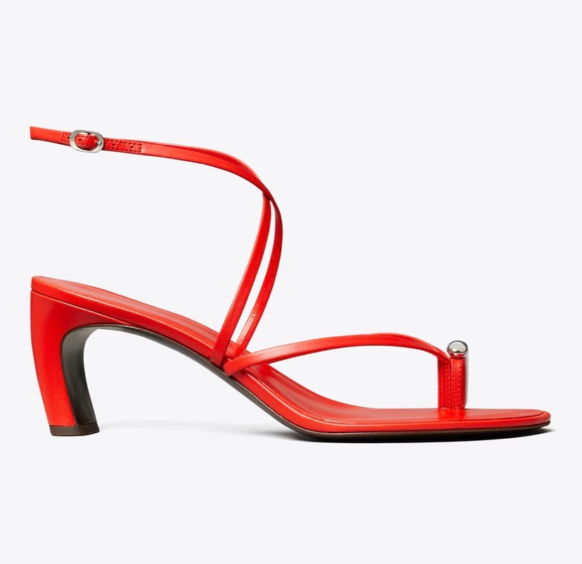 TORY BURCH PIERCED MULTI-STRAP HEELED SANDAL  -  blazing red / silver
