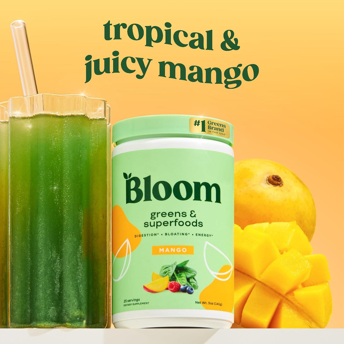 Bloom Nutrition Superfood Greens Powder, Digestive Enzymes with Probiotics and Prebiotics, Gut Health, Bloating Relief for Women, Chlorella, Green Juice Mix with Beet Root Powder, 25 SVG, Mango