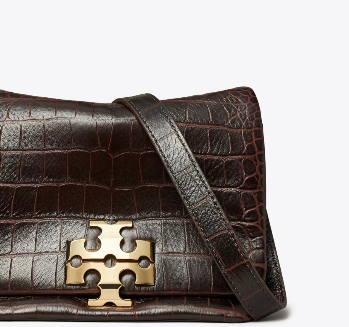 TORY BURCH CHARLIE RUNWAY CROC-EMBOSSED SHOULDER BAG - dark brown