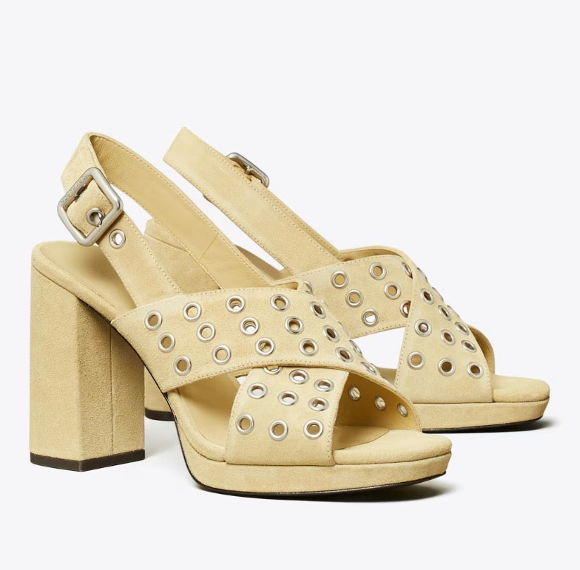 TORY BURCH CROSS-BAND HEELED SANDAL  -  praline