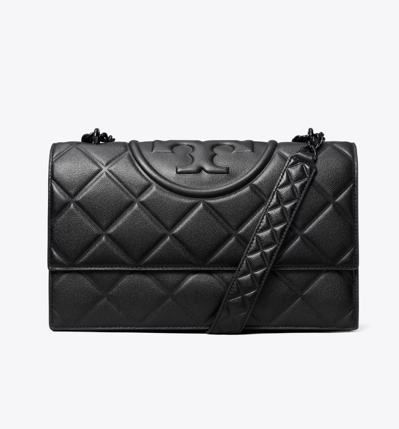 TORY BURCH SMALL FLEMING POLISHED-GRAIN SHOULDER BAG - Black / Black