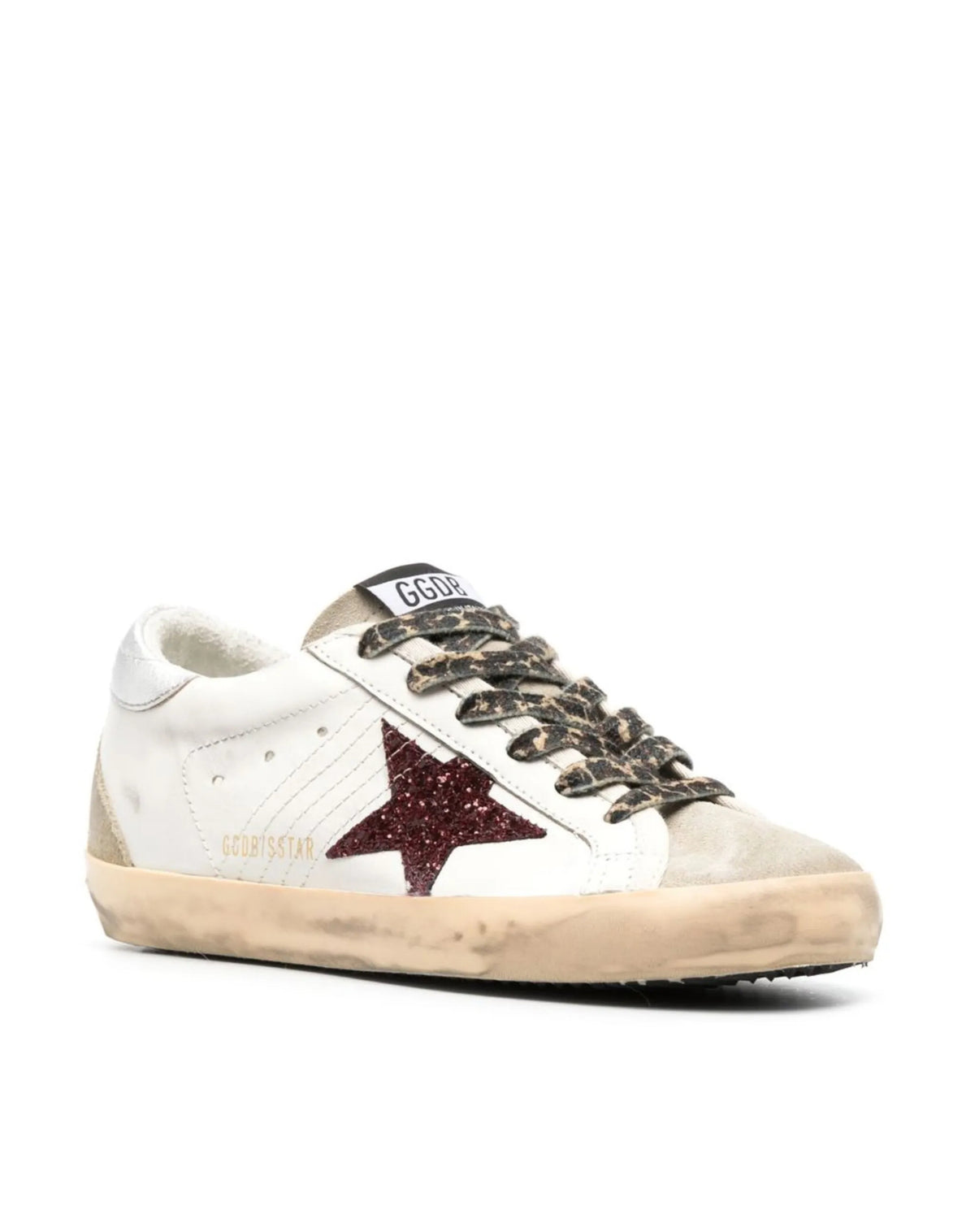 Golden Goose Super-Star Burgundy Glitter Star With Silver Heel Tab Sneakers