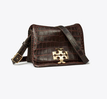 TORY BURCH CHARLIE RUNWAY CROC-EMBOSSED SHOULDER BAG - dark brown