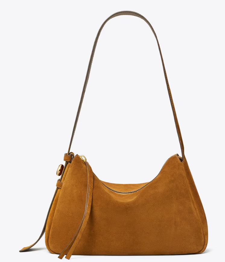 TORY BURCH ROMY SUEDE SHOULDER BAG - caramel