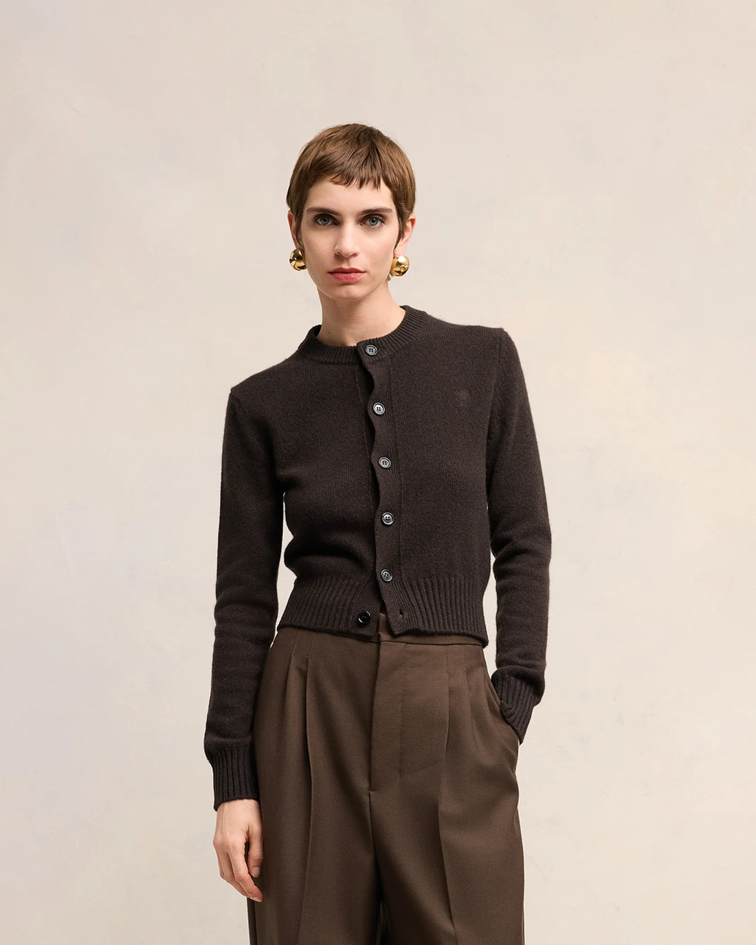 Ami Paris CASHMERE AMI DE COEUR CARDIGAN Dark Coffee