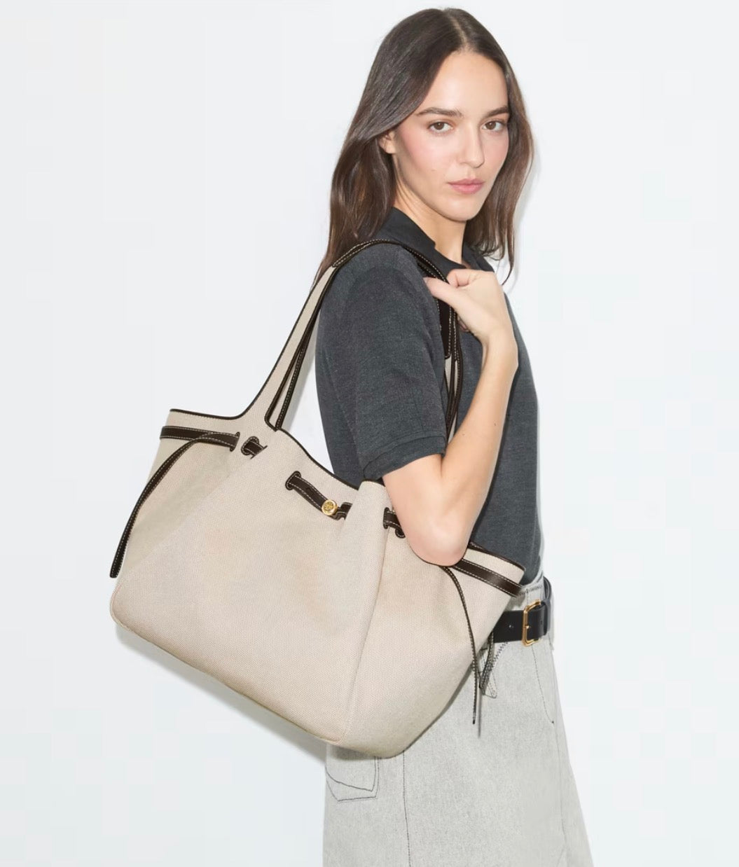 TORY BURCH ROMY CANVAS TOTE - dusty almond/ bianco white