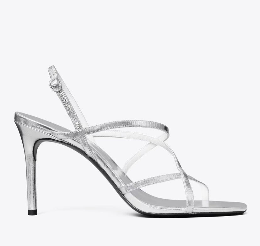 TORY BURCH MULTI-STRAP HEELED SANDAL  -  silver