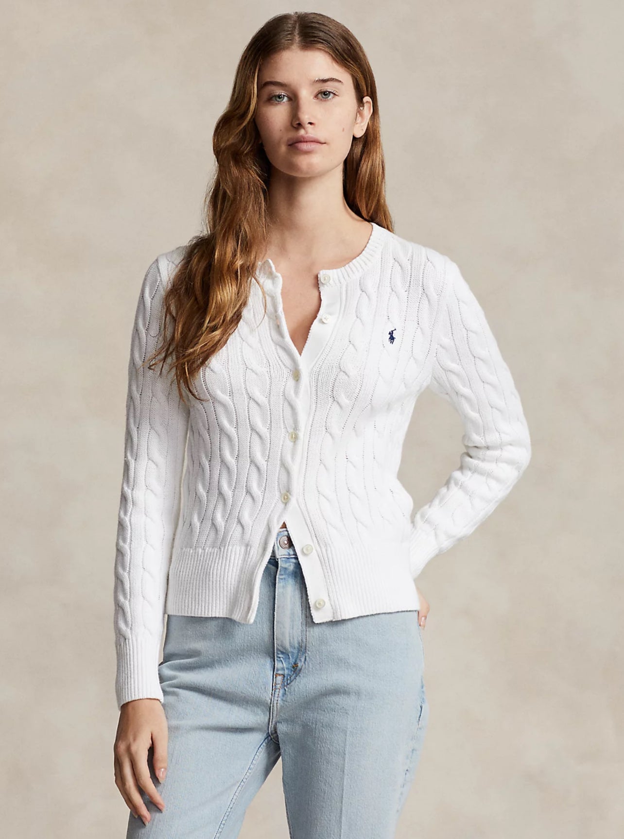 Ralph Lauren Cable-Knit Cotton Crewneck Cardigan- White