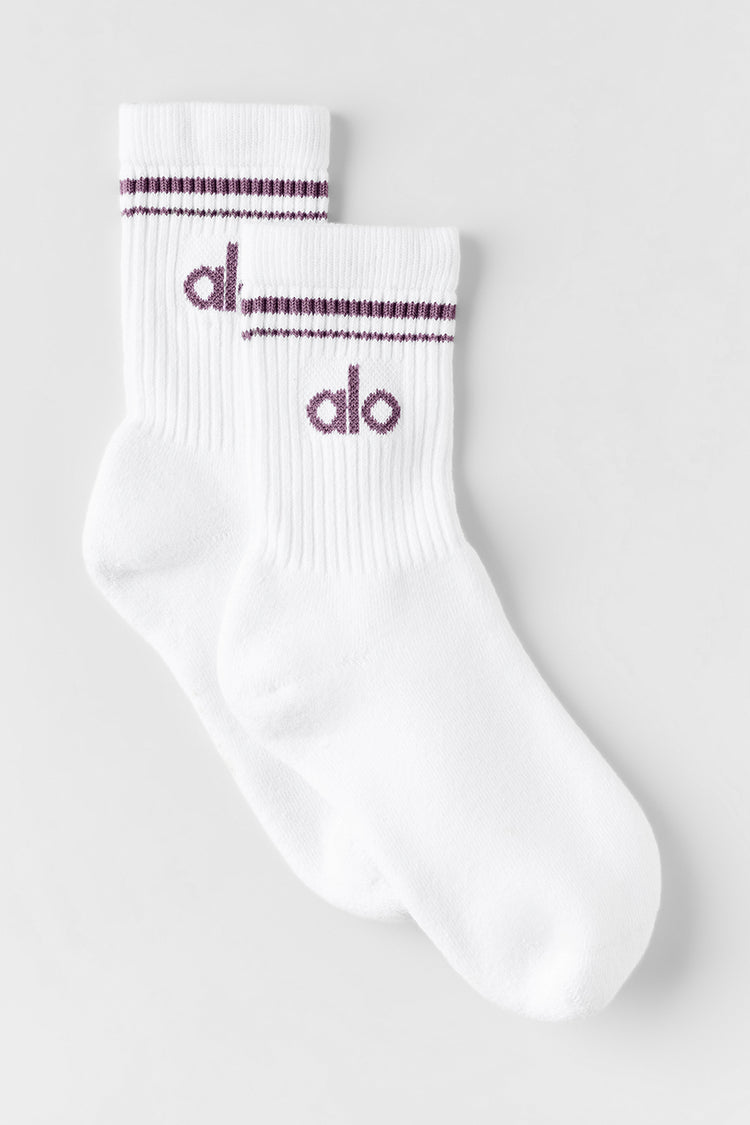 Alo Yoga Unisex Half-Crew Throwback Sock  -   White/Plum Kiss