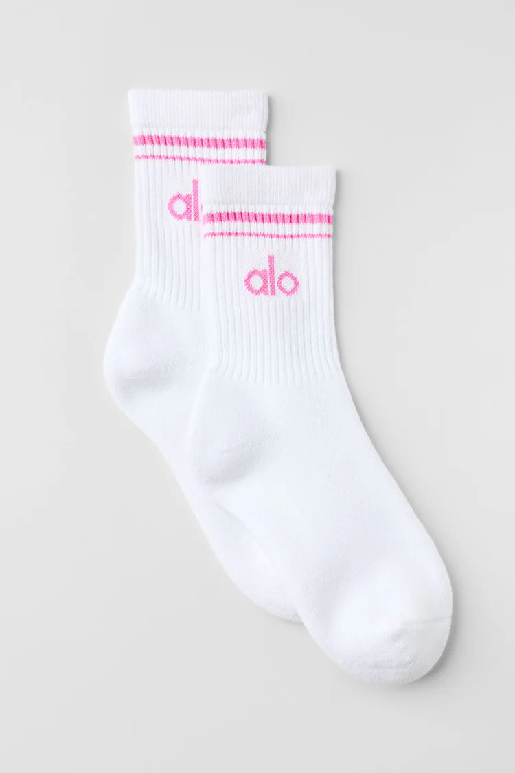 Alo Yoga Unisex Half-Crew Throwback Sock  -  White/Paradise Pink