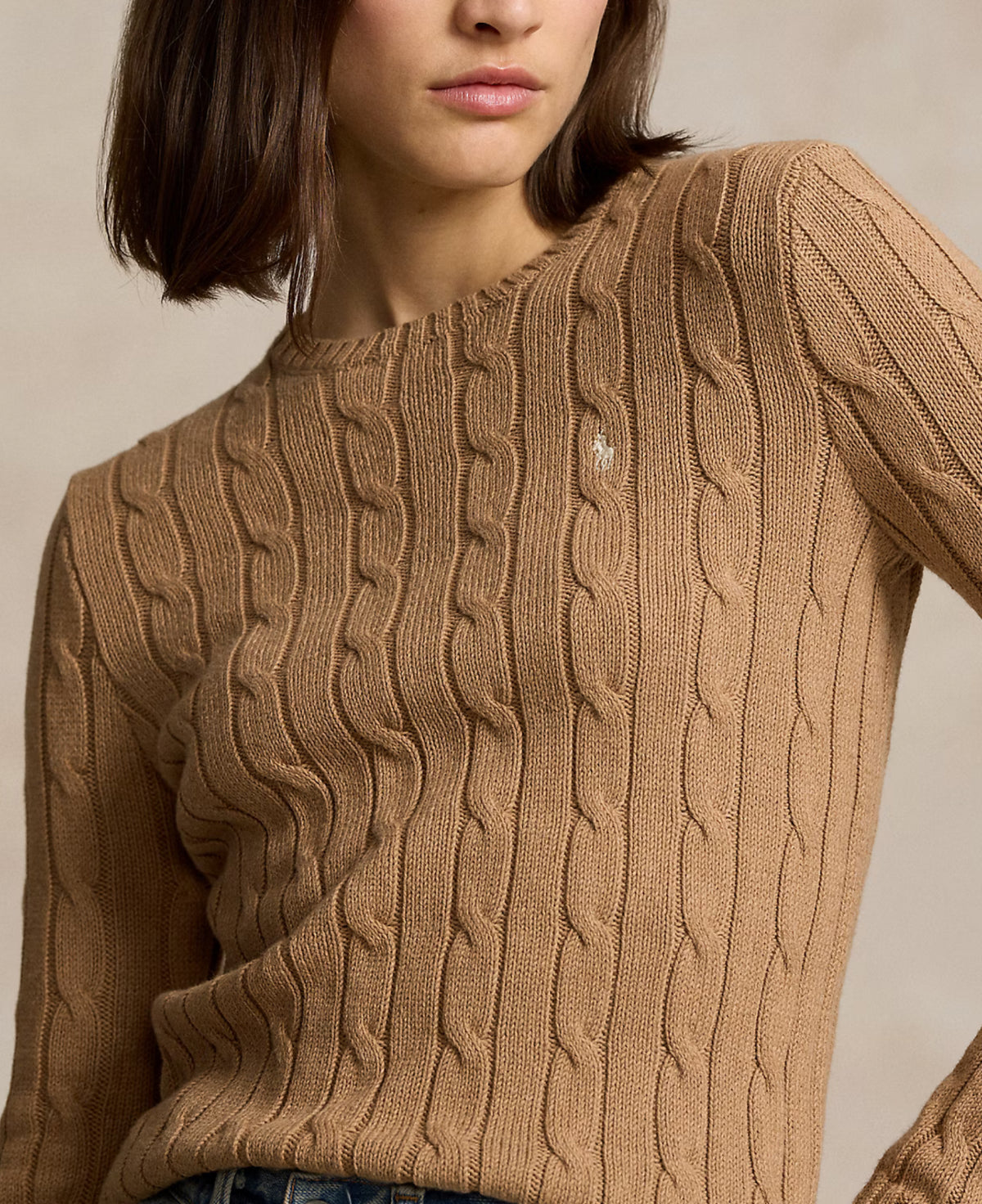 Ralph Lauren Cable-Knit Cotton Crewneck Sweater Camel- Hemen Teslimde