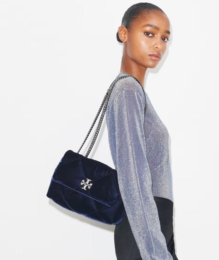 TORY BURCH SMALL KIRA DIAMOND QUILT VELVET PAVÉ SHOULDER BAG  -  perfect navy