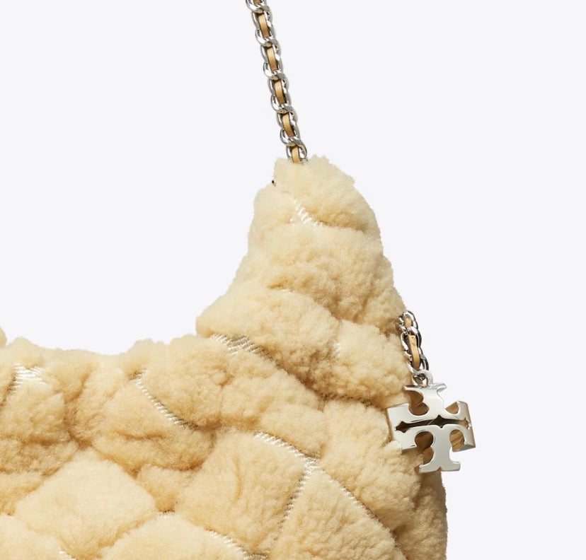TORY BURCH MINI FLEMING SHEARLING HOBO BAG  -  ivory
