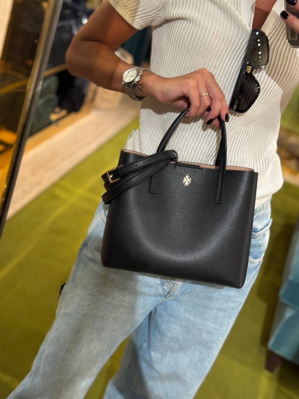 Tory Burch Small Blake Deri Çanta - Black / Devon Sand - Hemen Teslimde