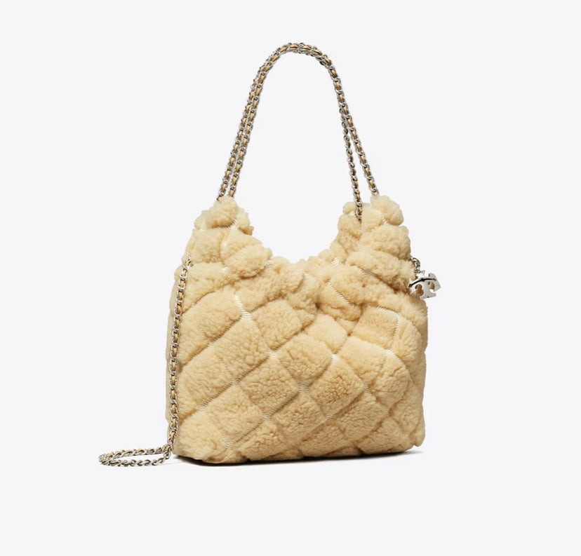 TORY BURCH MINI FLEMING SHEARLING HOBO BAG  -  ivory