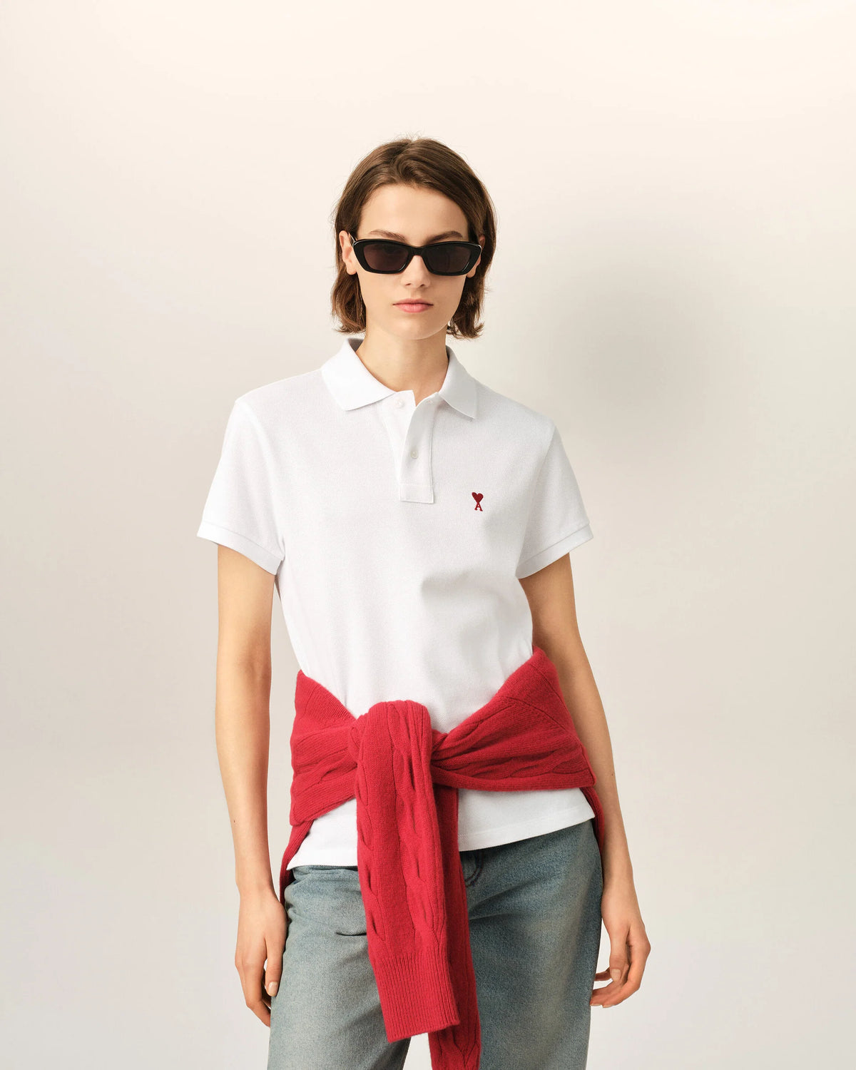 Ami Paris Unisex White Cotton polo with Ami De Coeur  -  WHITE