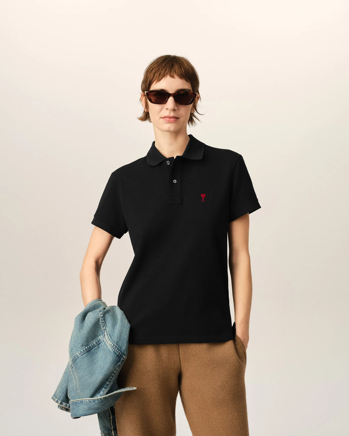 Ami Paris Unisex Black Cotton polo with Ami De Coeur  -  BLACK