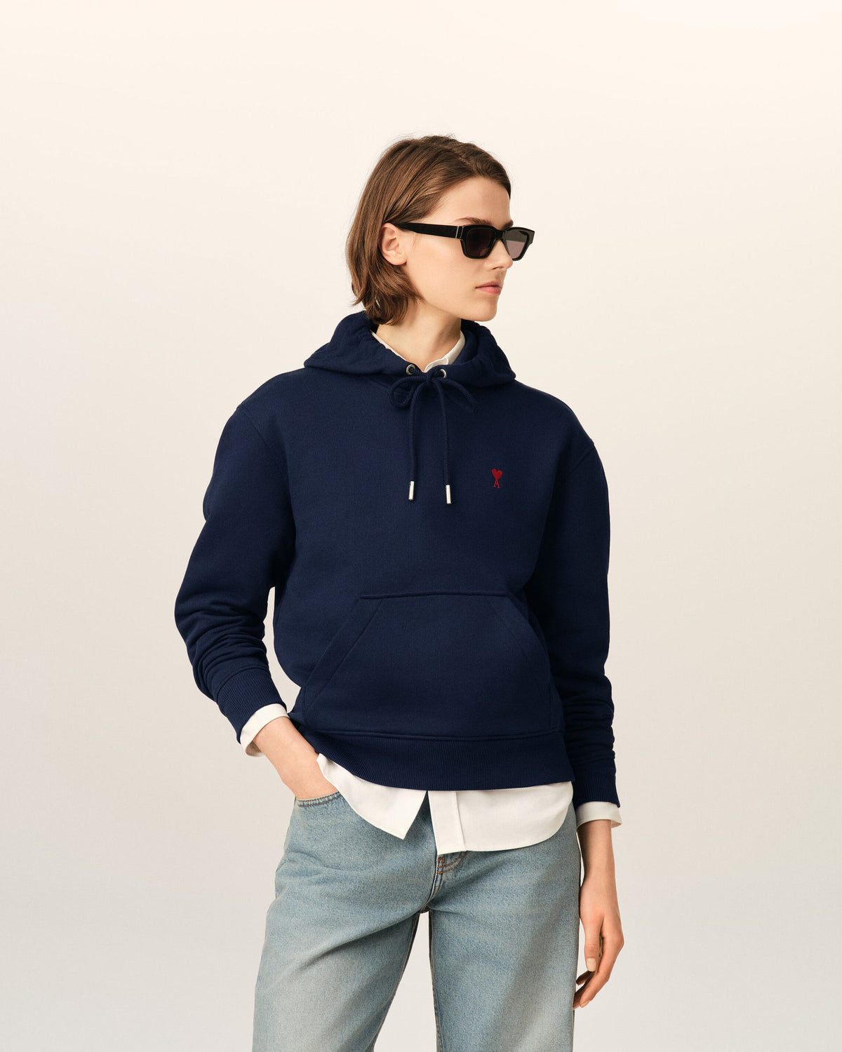 Ami Paris Unisex Blue cotton hoodie with Ami de Coeur  -   NIGHT BLUE