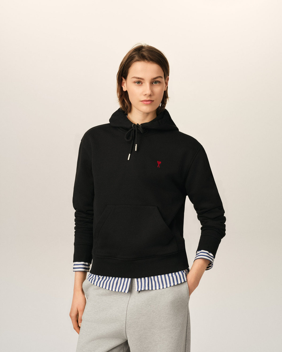 Ami Paris Unisex Black cotton hoodie with Ami de Coeur  -  BLACK