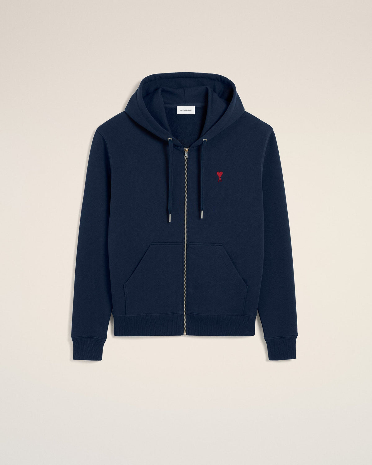 Ami Paris Unisex Blue zipped cotton hoodie with Ami de Coeur  -   NIGHT BLUE