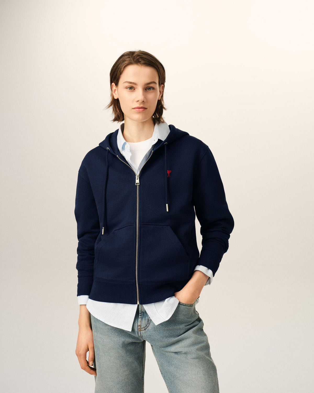 Ami Paris Unisex Blue zipped cotton hoodie with Ami de Coeur  -   NIGHT BLUE