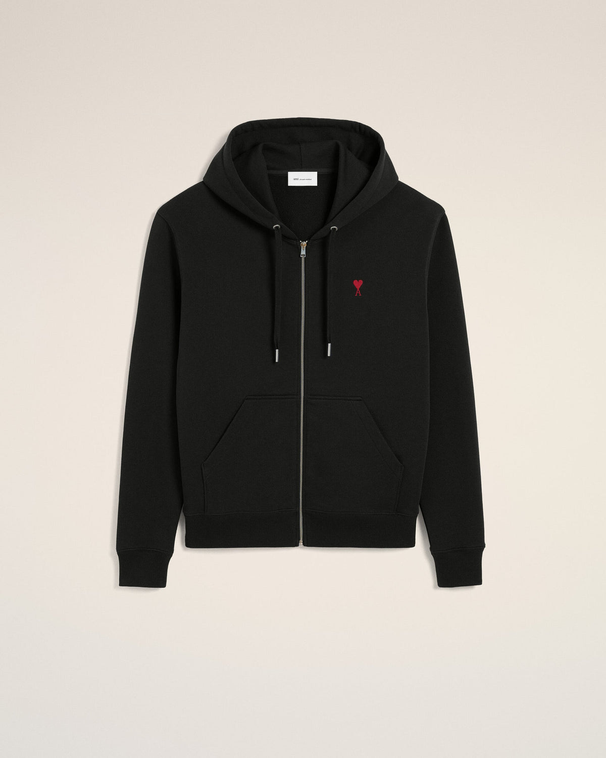 Ami Paris Unisex Black zipped cotton hoodie with Ami de Coeur  -  BLACK