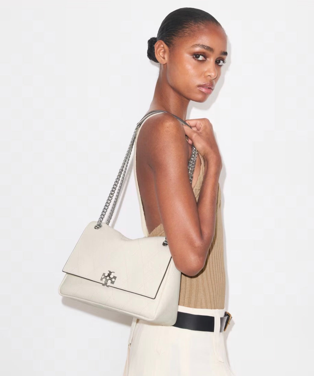 TORY BURCH CHARLIE QUILTED SHOULDER BAG - light cream